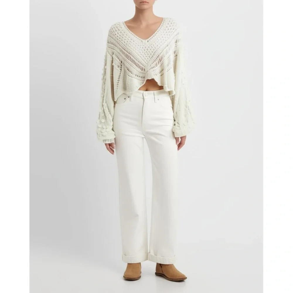 NWT Free People Off White Cropped V Neck Open Knit Pullover Sweater Oversized La - Picture 1 of 6